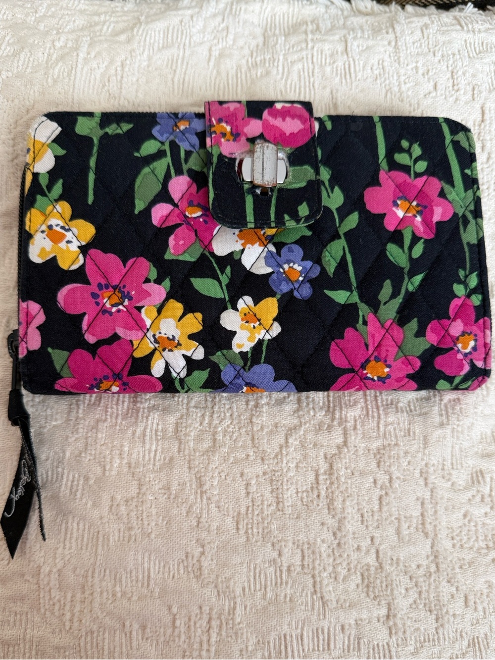 Vera Bradley Black Quilted Floral Wristlet Wallet with Pink & Yellow Blooms